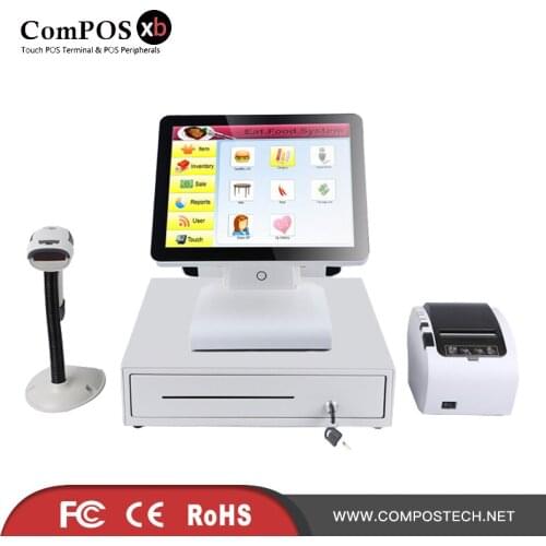 Double screen 15 inch pos touch all in one pc with 400mm cash drawer and 80mm thermal receipt printer barcode scanner for retail