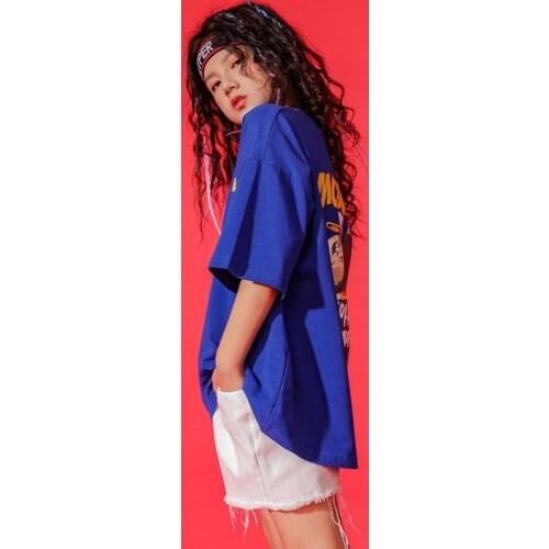 Kids Print Short Sleeve Streetwear Hip Hop Loose T-shirt Children Girl Boy Blue Tee Shirt Children Dance Clothing