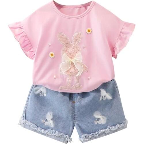 Girls Summer Clothes Sets Shirts Denim Shorts 2 pieces Cotton Cartoon Fashion Suit For Children Kids New baby Toddler Wear 0-4Y
