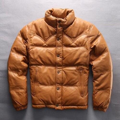 AVIREXFLY Men goat skin zipper warm down leather jacket mans genuine leather down jacket Winter Coats M-4XL