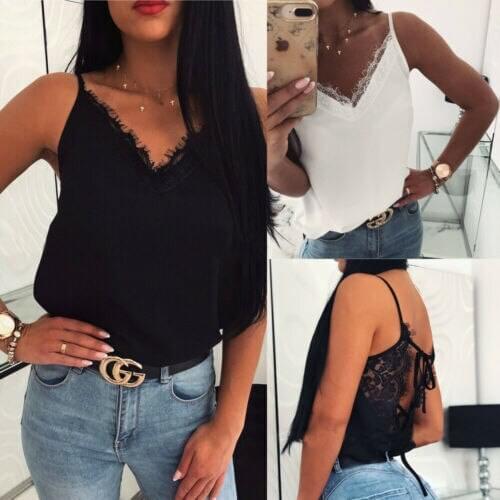 Summer Women Satin Lace Tank Tops Sexy Fashion Blouse Female Casual Sexy Lace Solid Backless camisole