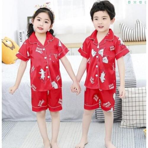 Boys Cute Girls Sleepwear Summer Short Sleeve Silk Cartoon Printed Children Pajamas Set 2020 Satin Comfortable Kids Homewear