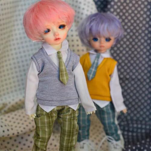BJD Doll Clothing is suitable for 1/6 size stylish white tie shirt + V-neck sleeveless top + checkered skinny leg pants uniform
