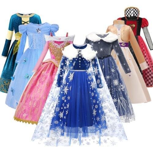 Autumn Winter Frozen Elsa Anna Dress Girls Long Sleeve Velvet Prom Gown Kids Halloween Party Cosplay Costume Warm Clothes