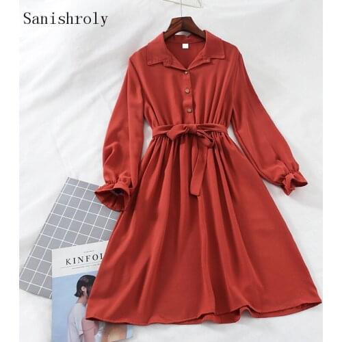 Sanishroly Autumn High Waist Long Sleeve Dress Women Tie Bow Sashes Midi Long Dresses Female A-line Shirt Dress Vestidos SE740