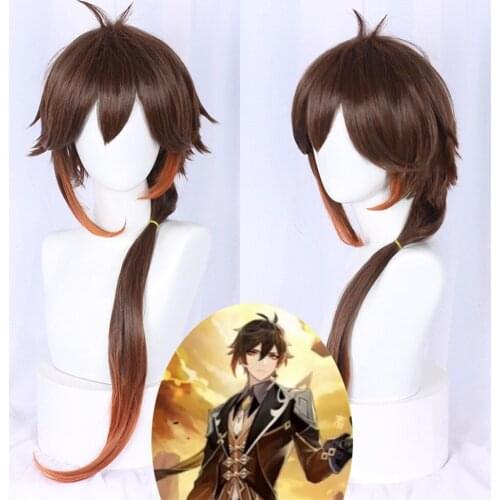Genshin Impact Zhongli Cosplay 90cm Long Christmas Brown Orange Wig Cosplay Anime Wigs Heat Resistant Synthetic Wigs Halloween