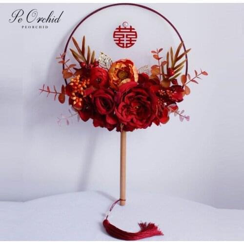 PEORCHID Rose Bridal Fan Bouquets Handheld Fan Flower Artificial Vintage Wedding Bouquet Red Chinese Style Decorative Fans Gift