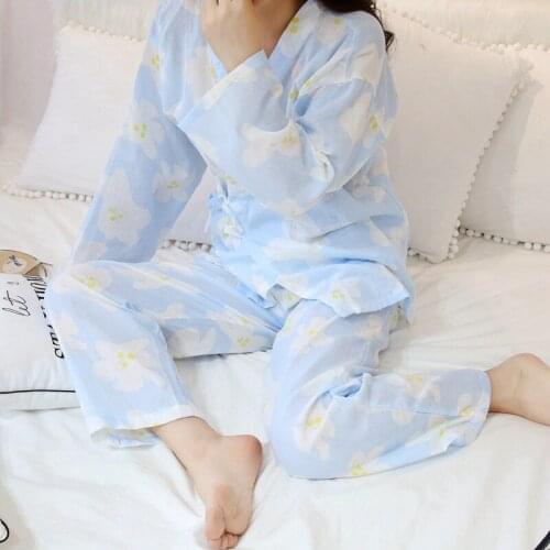 100% Cotton Gauze Women Pajamas Long Sleeve V-Neck Pijama Mujer Spring and Summer Leisure Loose Kimono Sexy Pyjamas Sleep Set