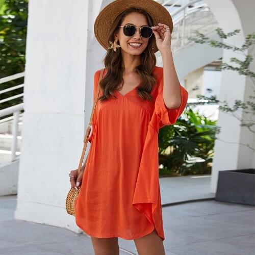 Womens short dresses summer beach holiday bohemian solid dresses sexy deep v-neck flare sleeved mini casual dresses for girls