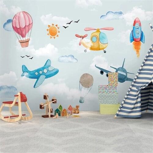Custom Photo Wallpaper Nordic Minimalist Hand-painted 3D Cartoon Hot Air Balloon Airplane Childrens Room Background Wall Papers
