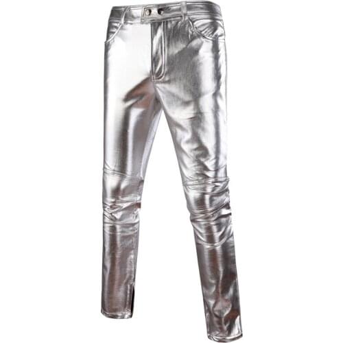 Richkeda Store New 2021 Mens Skinny Shiny Gold Silver Black PU Leather Pants Motorcycle Men Nightclub Stage Pants For Singers