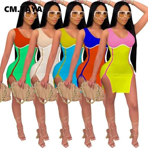 CM.YAYA Women Patchwork Sleeveless Zipper Slit Bodycon Midi Dress for Sexy Night Party Bandage Pencil Dreses