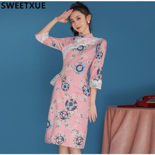 SWEETXUE Womens Spring Autumn Cheongsam Deerskin Velvet Chinese Style Modern Retro Slim Lace Print Patchwork Dress Female