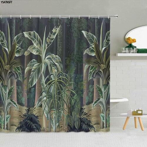 Oil Painting Tropical Plant Scenery Shower Curtain Palm Leaf Flamingo Forest Bathroom Supplies Fabric With Hooks Home Decoration