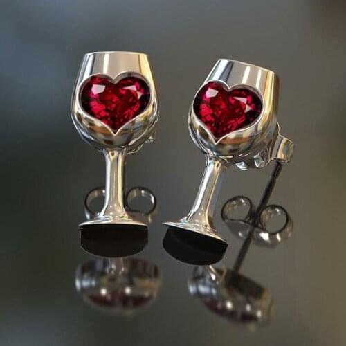 Goblet Red Wine Glass Love Heart Stud Earrings Red Zircon Stone Pendant Charm Earrings Fashion Women Jewelry Gifts