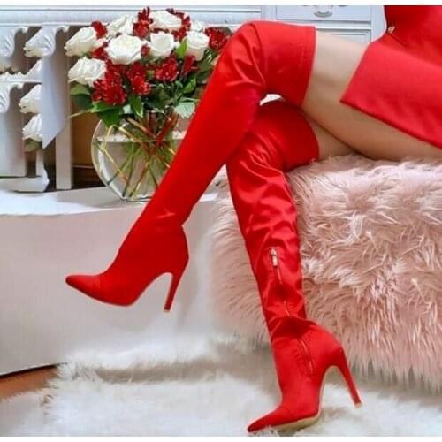 WomenS Stiletto Over Knee Thigh High Boots Sexy Red Suede Party Pointed Toe Boots Shoes Thin Heels Zipper Runway Boot Plus Size
