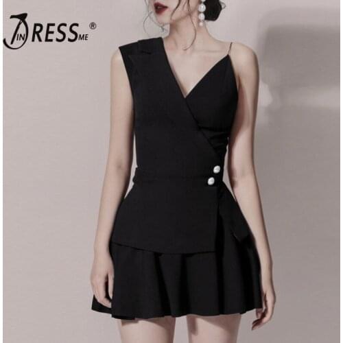 INDRESSME 2019 New Women Two-Piece Set Strap Asymmetry Sleeveless Top Pearl Button Bodycon Mini Skirt Lady Clubwear Sets