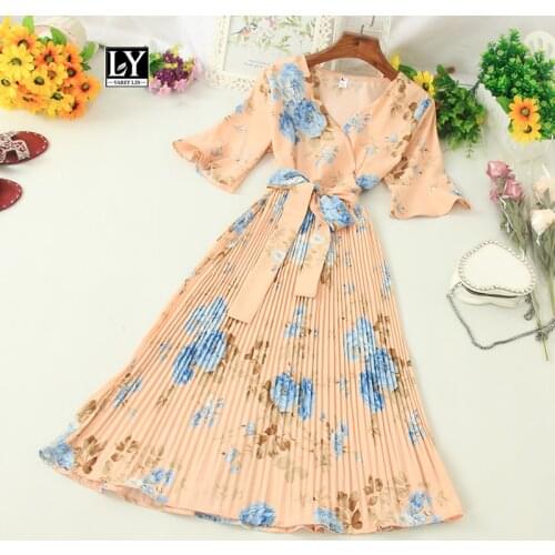 Ly Varey Lin Summer V Neck Flare Sleeve Chiffon Dress Women Vintage Floral Print High Waist Lace-up Pleated Midi Dress Vestidos