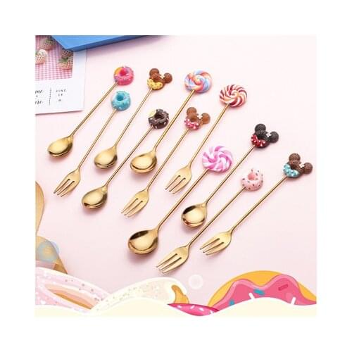 1PC Stainless Steel Mickey Doughnut Spoon Fork Cake Coffee Dessert Golden Ice Cream Stirring spoons Candy Cute Cartoon Teaspoon