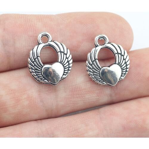High quality 10 PCS/Lot 19mm*22mm antique silver plated beautiful heart and wings charms