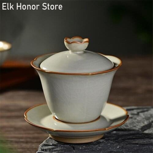 180ML Ru Kiln Ceramic Gaiwan Lacework Tea Cup Gracked Glaze Tureen Japanese Kung Fu Tea Set Drinkware Coarse Pottery Tea Bowl