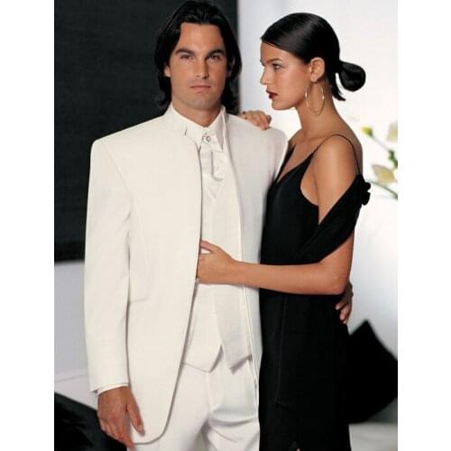 2016 Suits Groom Tuxedos White Without collar Best Man Groomsmen Men Wedding Suits With Ivory Vest Prom/Formal/Bridegroom