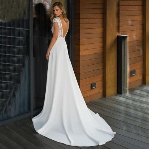 2020 Satin A Line Wedding Dresses V Neck Boho Bridal Gowns Backless Vestido de noiva Plus size Wedding Dress