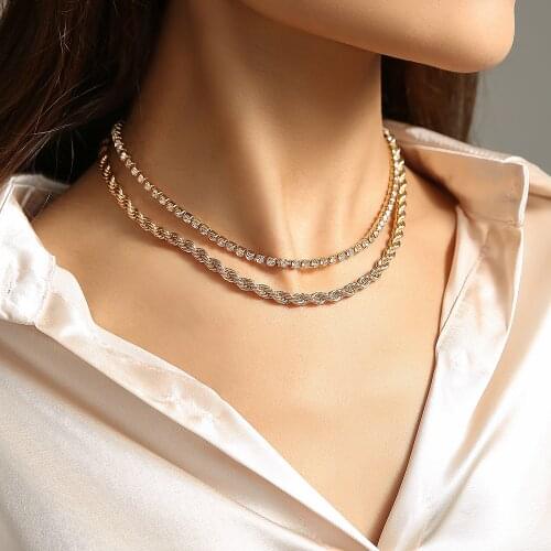 Gold Chain Necklaces Twisted Chain with Rhinestones Layering Snake Herringbone Choker Necklace for Women Gift