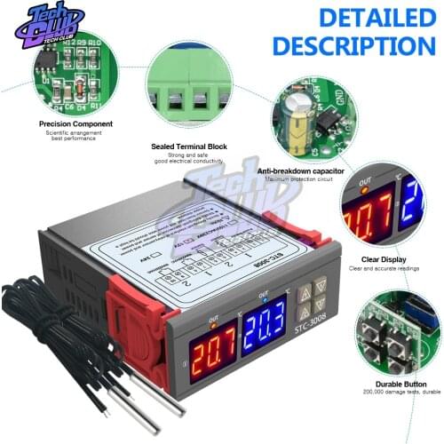STC-3008 Thermostat Dual Digital Temperature Controller Two Output Thermoregulator 12V 24V 220V 10A Heating Cooling Incubator