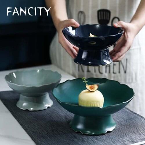 FANCITY Japanese Dessert Plate Dim Sum Refreshment Plate Household Fruit Snacks Plate Featured Tall Ceramic Creative Cold Vegeta