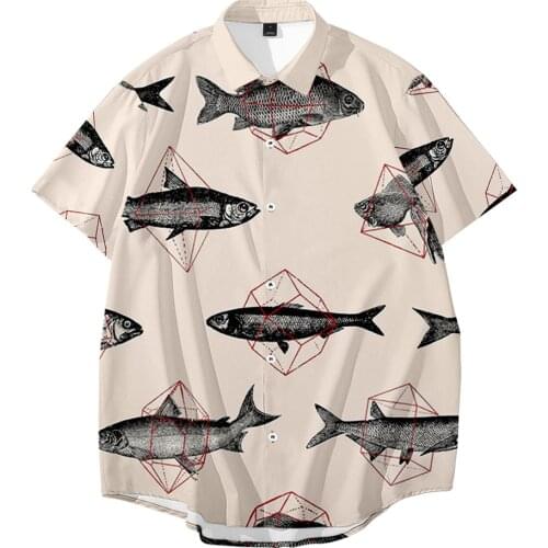 Male Fish Print Hawaiian Shirts Men Streetwear Hip Hop Harajuku Casual Beach Short Sleeve Shirt Summer Fashion Tops