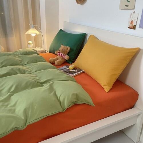 Classic Simple Bedding Set 7 Size Pea Green Orange Solid Bed Linen 4pcs/set Duvet Cover Sets Bed Sheet Side Home Textile