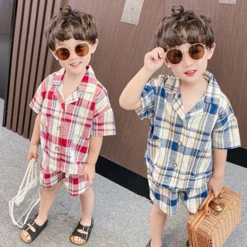 Plaid Shirt with Shorts 2PCS sets for Boys and Girls cotton summer beach wear Suit Clothes Sets Kids Suit Childrens Clothing