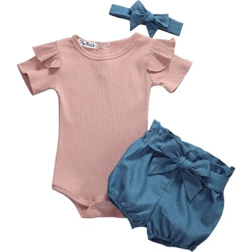 Newborn Baby Girl Clothes Summer Clothing Sets Solid Short Sleeve Knitted Romper Tops Shorts Headband 3pcs Outfit