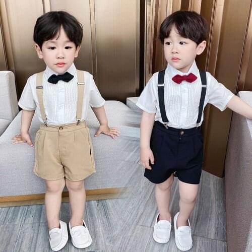 Boys Summer T Shirt +Shorts+Suspender+Tie 4PCS Clothing Set Children Photograph Suit Chorus Costume Kindergarten Kids Prom Dress