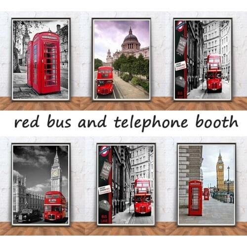 London red buses and telephone booths Poster coated posters home decor white paper Printed Painting wall stickers