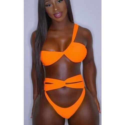 Neon Sexy Thong Bikini Swimwear Women 2021 Push Up Swimsuit High Waist 2 Piece Bathing Suit One Shoulder Swim Wear Beachwear