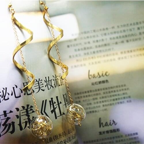 Original Hand-Made Vintage Brass Spiral Dangle Earrings Temperament Glass Bubble Long Chain Tassel Drop Earring Party Jewelry