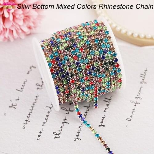 RESEN 5yards 4mm/2.3mm Sliver Bottom Mixed Color Rhinestone Chain Trim Colorful Glass Crystal Dense Chain For Crafts Decoration