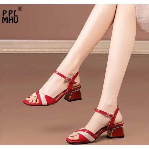 Red Hollow Comfort Wedding Shoes Office Lady Thick Bottom Non-Slip Open-Toed Women Sandals Fashion Buckle Strap Party Shoes