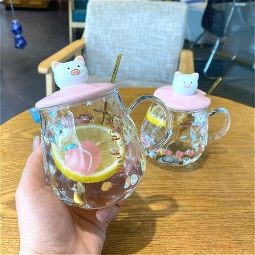 450ml Glass Cup with Lid Spoon Pig Head Transparent Coffee Mug Personality Creative Trend Couple Cup For Girls Student Gift Cup