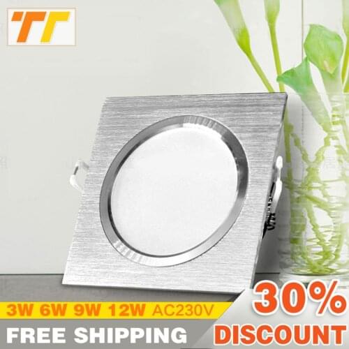 LED Downlights Square Brush silver 3W 6W 9W 12W AC220V 230V LED Ceiling Lamp Down Light for Kitchen/Home/Office Indoor Lighting