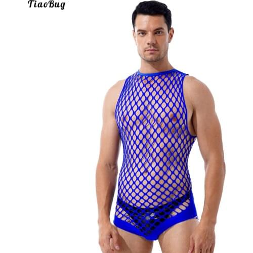 TiaoBug Men One-Piece Swimming Bodysuit Hollow Out Netted Bodystockings Halter Neck Sleeveless See-Through Stretchy Swimwear