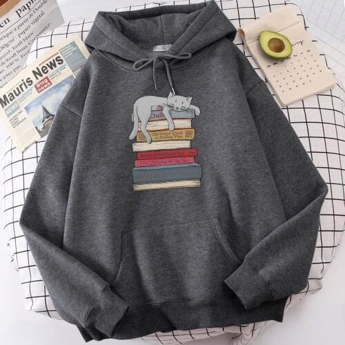 Kawaii Cat Sleep On The Book Printing MenS Hooded Loose Vintage Clothing Coldproof Vogue Mens Sweatshirt Oversize Soft Hoodie
