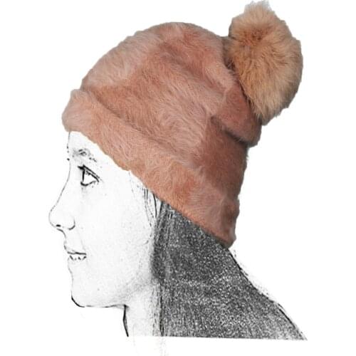 Knitted Hat Woman Light Pale Pink Wool Rabbit 50 Long Angora Pompom Ball Top Chic Fashion Winter Style Urban Soft