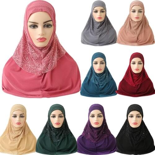 High Quality Net Material Muslim Amira Hijab Hot Drilling Pull On Islamic Scarf Head Wrap Headwear Women Prayer Headscarf Hijab
