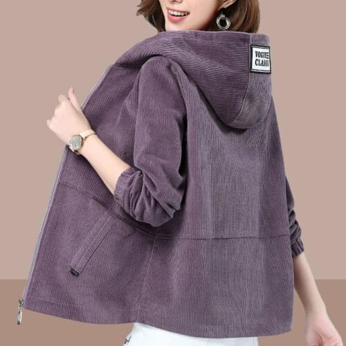 Womens Corduroy Jacket Short Loose Hooded Coat 2021 Spring and Autumn Long-sleeved Outwear Solid Female Plus size Casual Tops