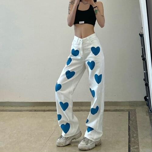 Heart Printed Oversize Straight Y2k Denim Pants White Capri High Waist Womens Fashion Mom Jeans For Girls Trousers For Female