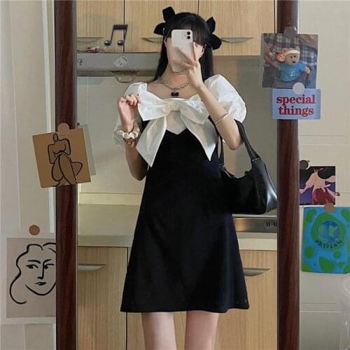 Dress Women Puff-Sleeve Square Neck Black Mini Korean Preppy Sweet Harajuku Dresses Vintage Short Sleeve Streetwear Daily Y373