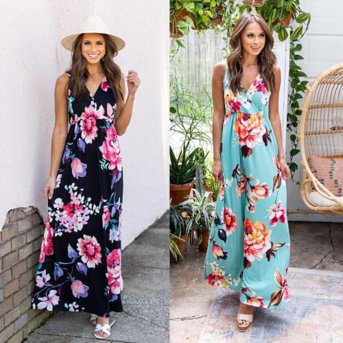 Floor-Length Summer Women Long Dress Sexy Bohemian Spaghetti Strap Flower Print Summer Pencil V-Neck Green Ladies Maxi Dresses